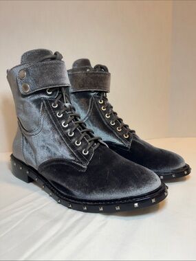 Vince Camuto Women’s Gray Satin Combat Boots with Studded Sole & Buckle Strap
